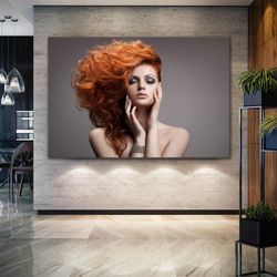 redhead woman closed eyes woman hairdresser beauty center decorative roll up canvas, stretched canvas art, framed wall a