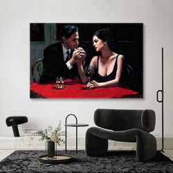 romantic couple sitting red table love love roll up canvas, stretched canvas art, framed wall art painting-1
