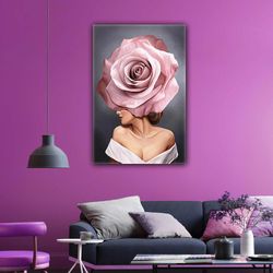 rose-haired woman with rose pink oil paint effect roll up canvas, stretched canvas art, framed wall art painting