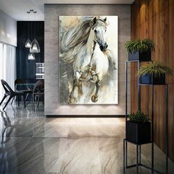 running white noble horse with flying manes roll up canvas, stretched canvas art, framed wall art painting