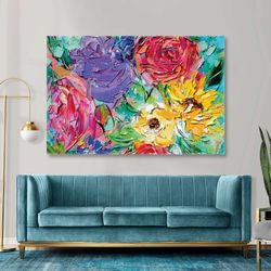 sunflower bouquet brush traces with pink and purple flowers roll up canvas, stretched canvas art, framed wall art painti