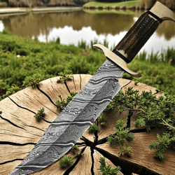 handmade snake damascus steel bowie knife | deer horn handle | custom full tang hunting & survival knife
