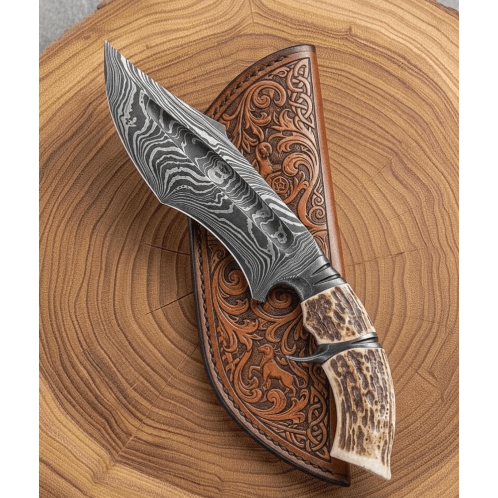 10 Inch Damascus Hunting Bowie Knife Genuine Stag Antler Handle Full Tang Outdoor Survival Knife 0
