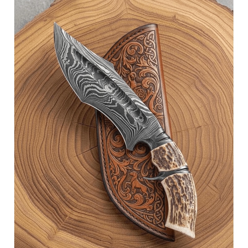10 Inch Damascus Hunting Bowie Knife Genuine Stag Antler Handle Full Tang Outdoor Survival Knife 1