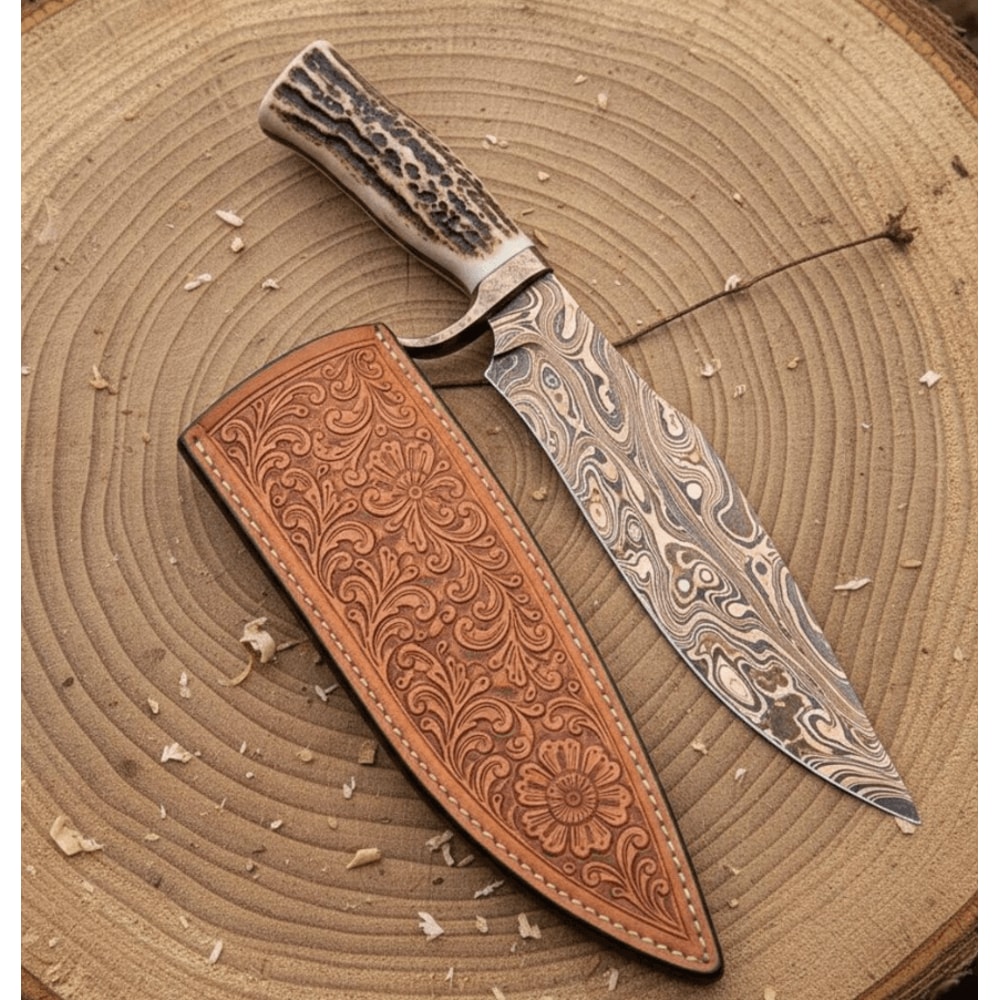 Copper Damascus Bowie Knife Stag Handle Brass Bolster Handmade Hunting Survival Knife Gift 1