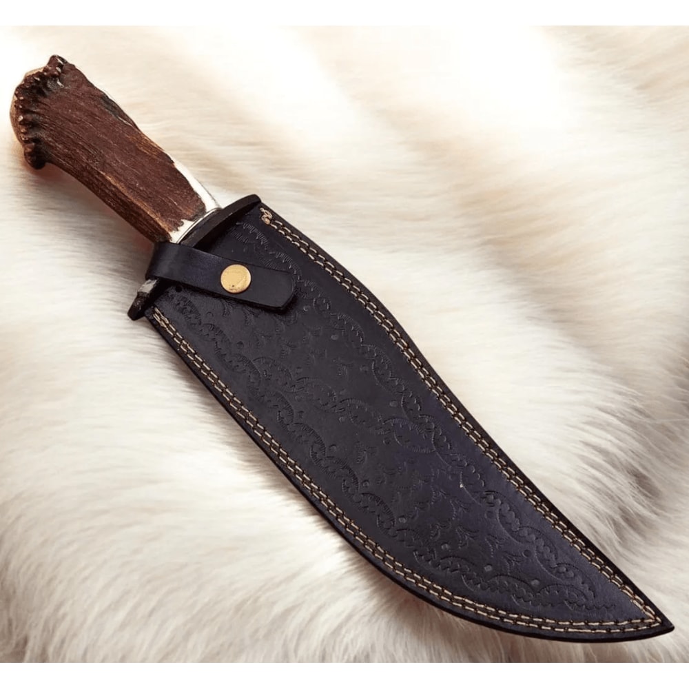Stainless Steel Hunting Knife Stag Horn Handle Full Tang Fixed Blade With Leather Sheath Father 1