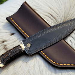 handmade d2 steel bowie knife | stag horn handle & brass guard | leather sheath | full tang knife