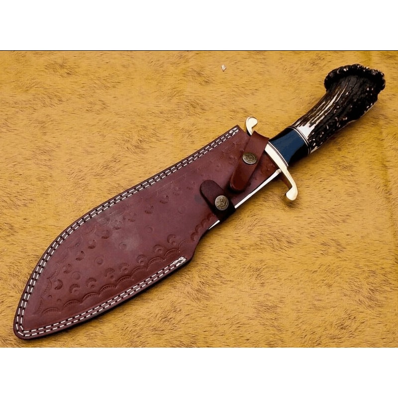 D2 Steel Bowie Knife 15 Hunting Blade Stag Antler Crown Handle Leather Sheath Outdoor Knife 1