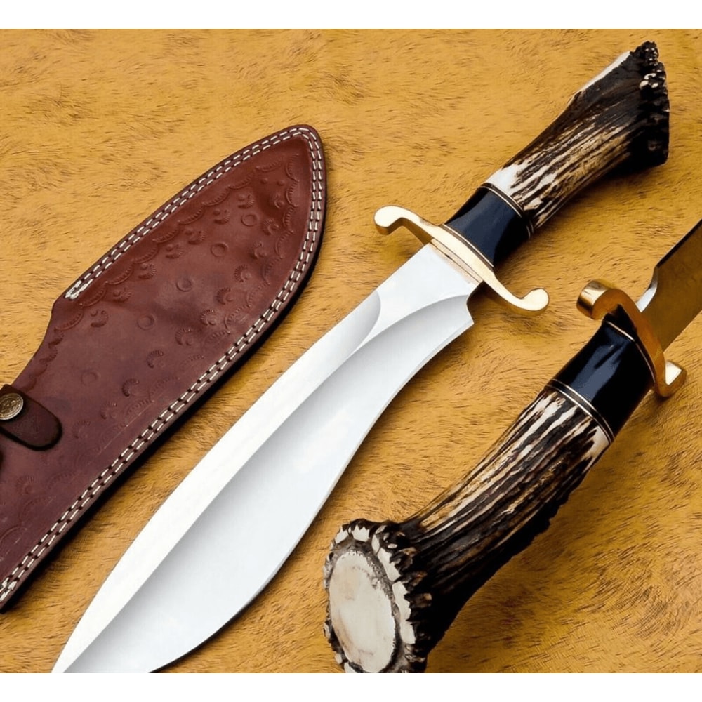D2 Steel Bowie Knife 15 Hunting Blade Stag Antler Crown Handle Leather Sheath Outdoor Knife 2