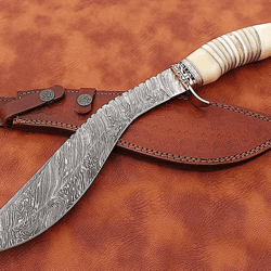 kukri bowie knife | order vintage hunting blade | shop camel bone handle knife | leather sheath outdoor knife