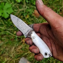 real damascus small edc hunting knife 150 layers stag horn handle with leather sheath