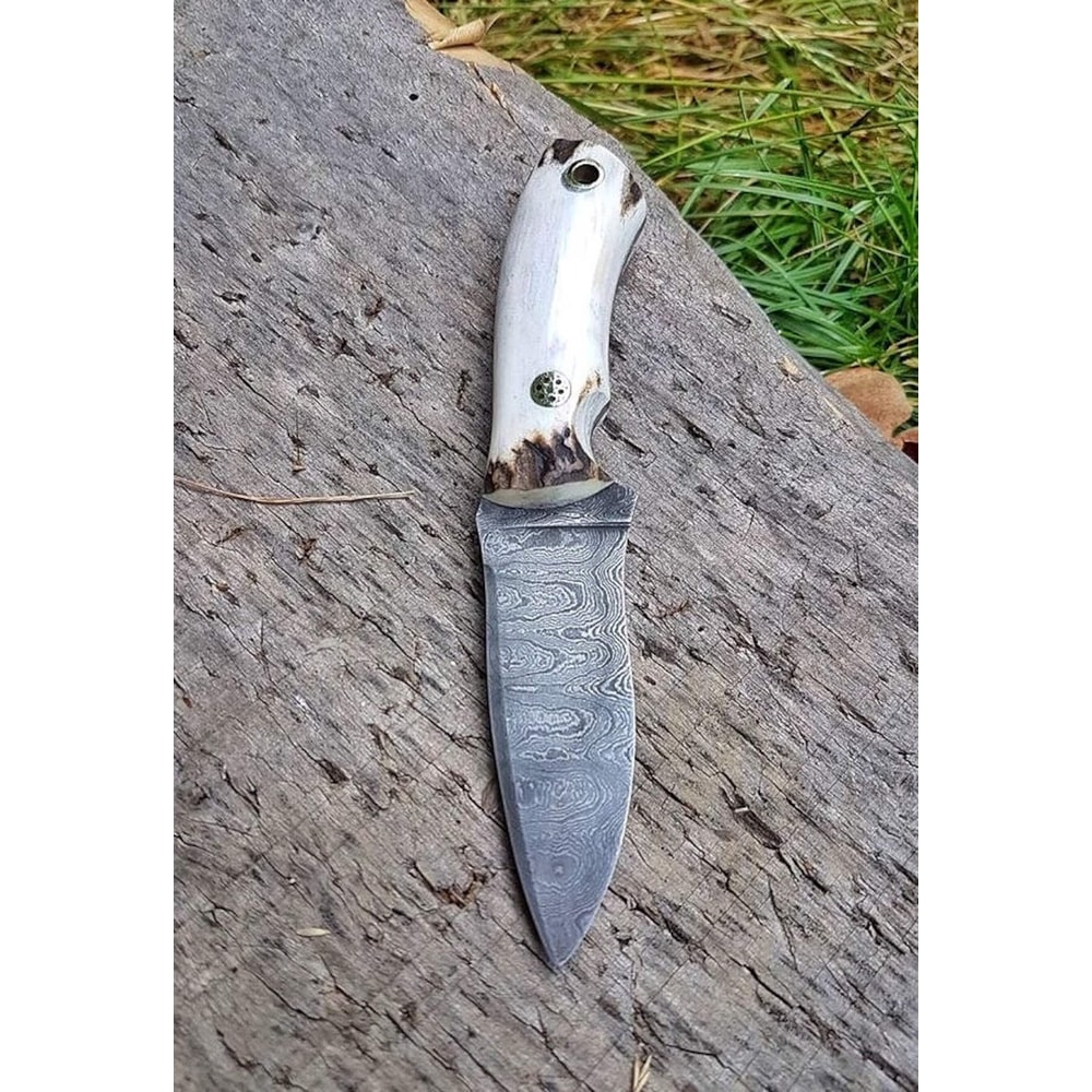 Real Damascus Small EDC Hunting Knife 150 Layers Stag Horn Handle With Leather Sheath 1