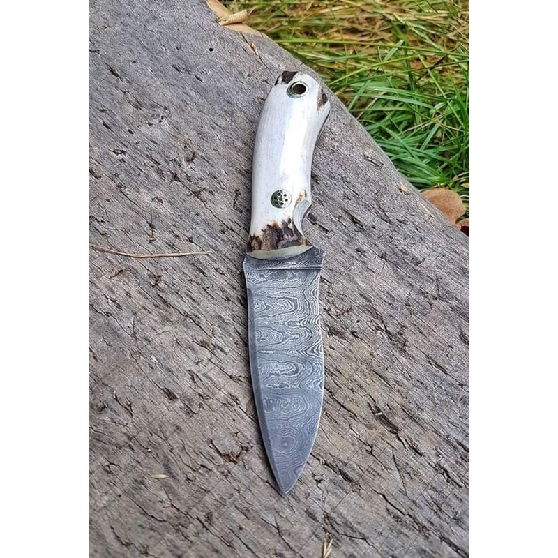 Real Damascus Small EDC Hunting Knife 150 Layers Stag Horn Handle With Leather Sheath 1