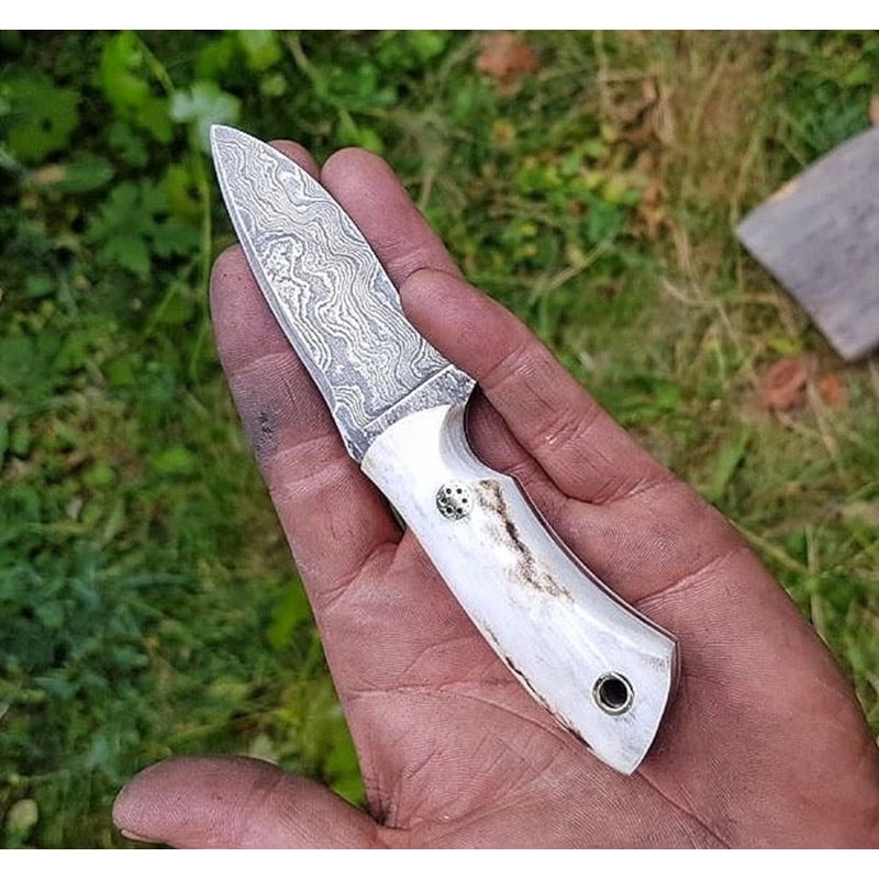 Real Damascus Small EDC Hunting Knife 150 Layers Stag Horn Handle With Leather Sheath 4