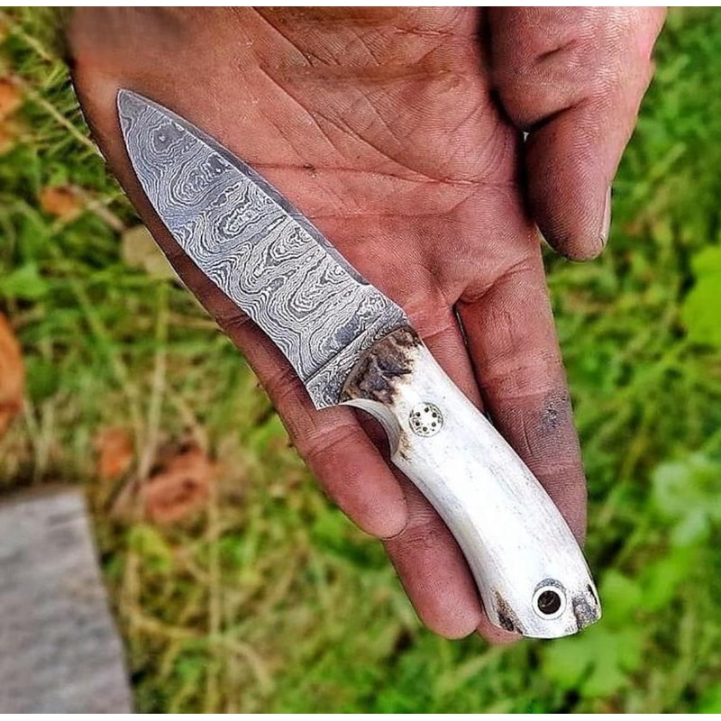 Real Damascus Small EDC Hunting Knife 150 Layers Stag Horn Handle With Leather Sheath 5