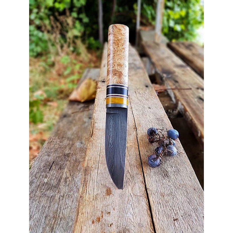 Real Damascus Puukko Knife Blacksmith Made Bushcraft Blade With Alder Wood Ebony Handle 6