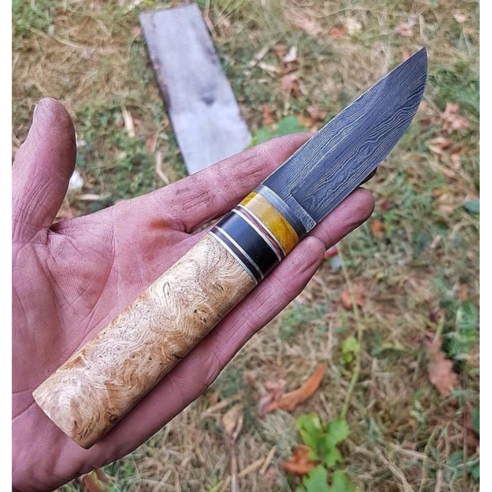Real Damascus Puukko Knife Blacksmith Made Bushcraft Blade With Alder Wood Ebony Handle 7