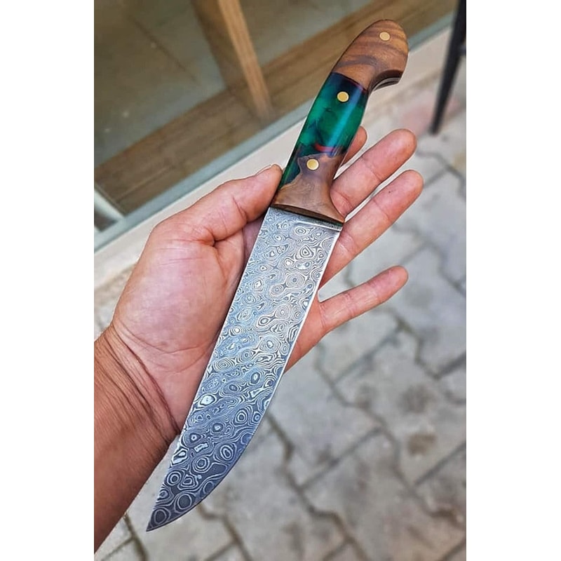 Real Damascus Kitchen Knife 150 Layers Blacksmith Made Chef Knife Walnut Epoxy Hybrid Handle 0