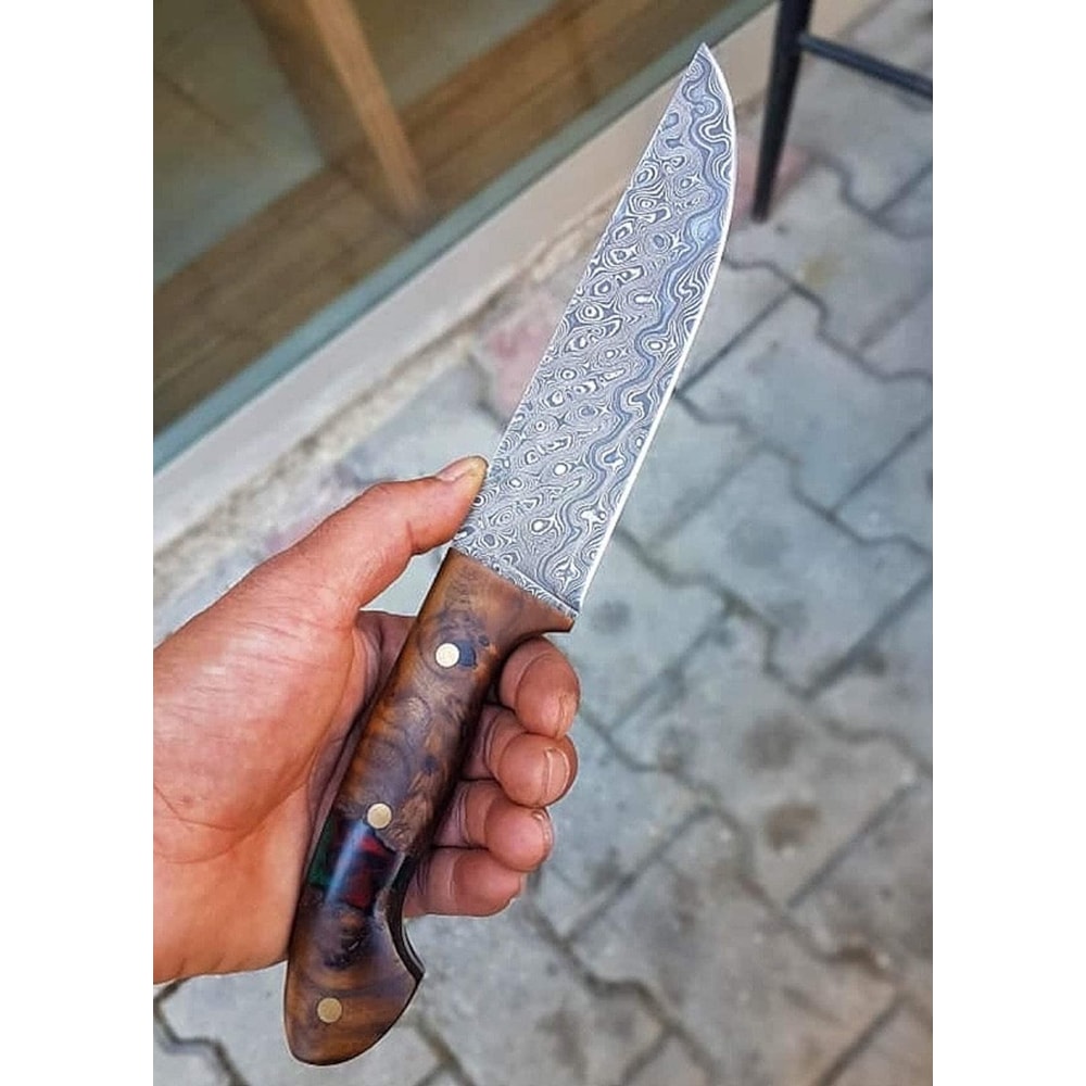 Real Damascus Kitchen Knife 150 Layers Blacksmith Made Chef Knife Walnut Epoxy Hybrid Handle 2