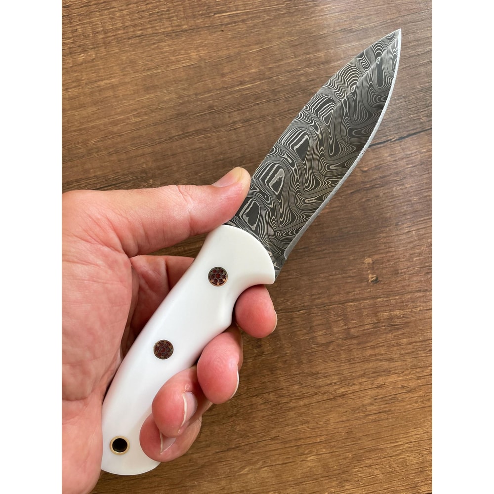 Real Damascus Hunting Knife 150 Layers Full Tang Outdoor Camping Knife White Corian Handle 0