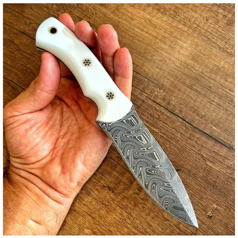 Real Damascus Hunting Knife 150 Layers Full Tang Outdoor Camping Knife White Corian Handle 9