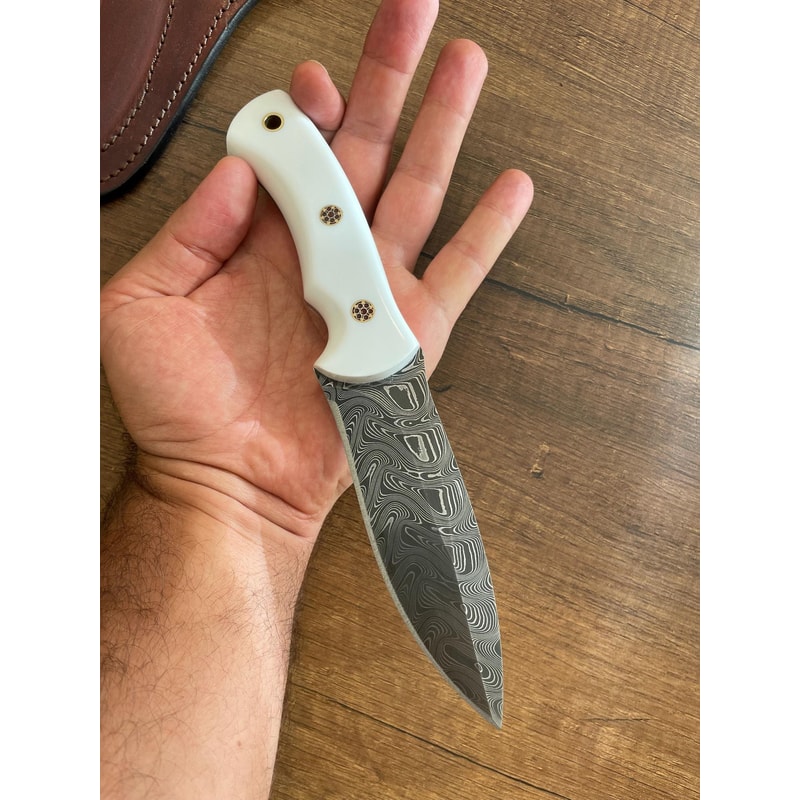 Real Damascus Hunting Knife 150 Layers Full Tang Outdoor Camping Knife White Corian Handle 5