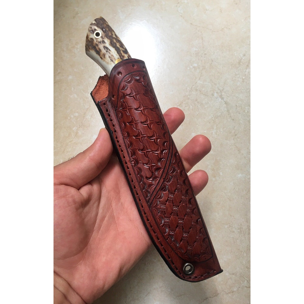 Handmade Damascus Bushcraft Knife Stag Horn Handle Hunting Survival Blade 0