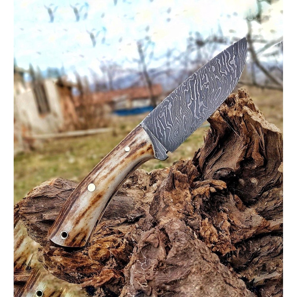 Handmade Damascus Bushcraft Knife Stag Horn Handle Hunting Survival Blade 8