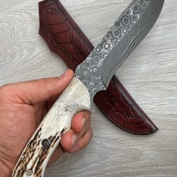 150 layer damascus outdoor knife with natural stag horn handle & leather sheath