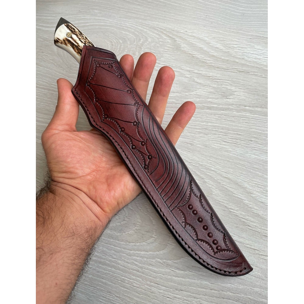 150 Layer Damascus Outdoor Knife With Natural Stag Horn Handle Leather Sheath 3