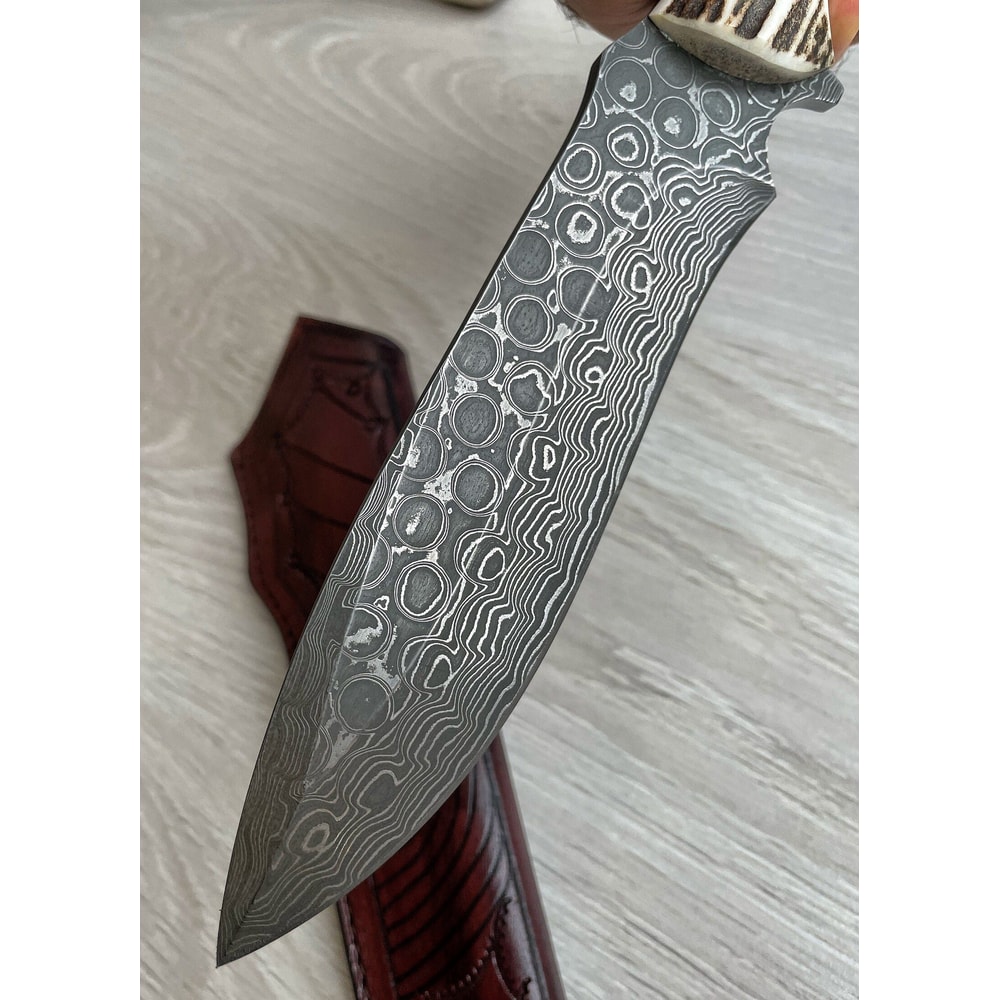 150 Layer Damascus Outdoor Knife With Natural Stag Horn Handle Leather Sheath 6