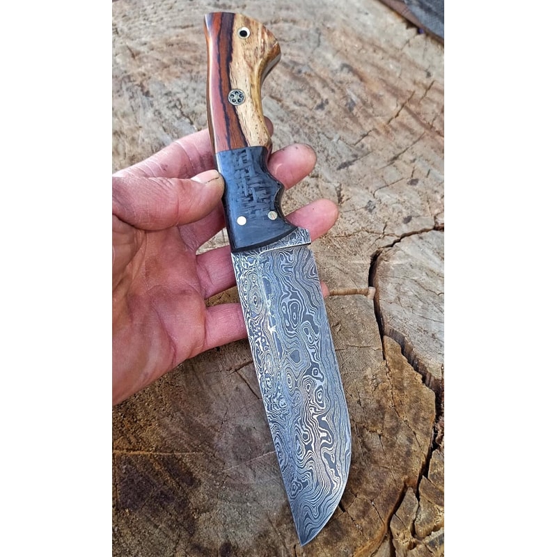 Handmade Damascus Heavy Duty Hunting Knife Cocobolo Carbon Fiber Handle 2