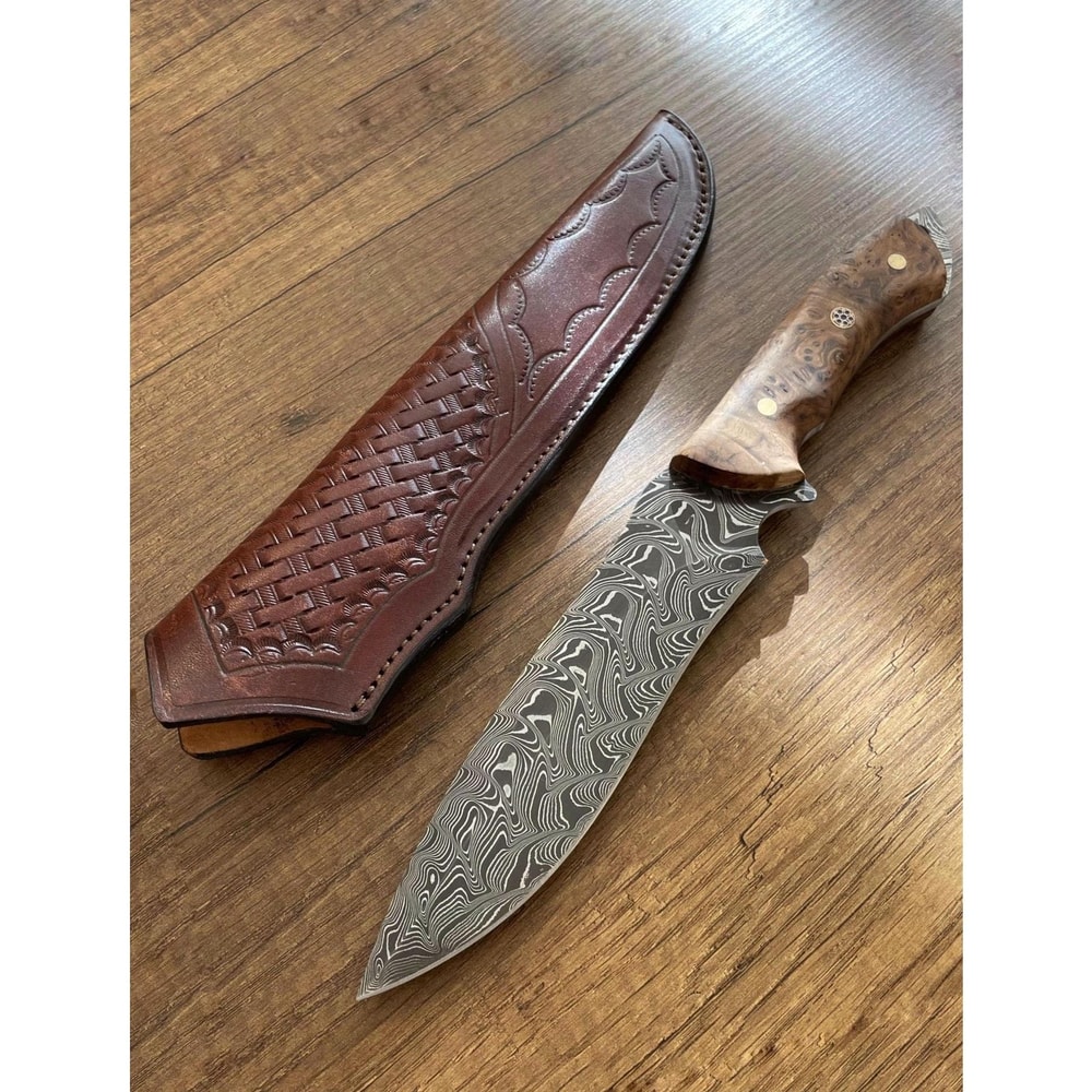 Damascus Bushcraft Hunting Knife With Chestnut Wood Handle Leather Sheath 9