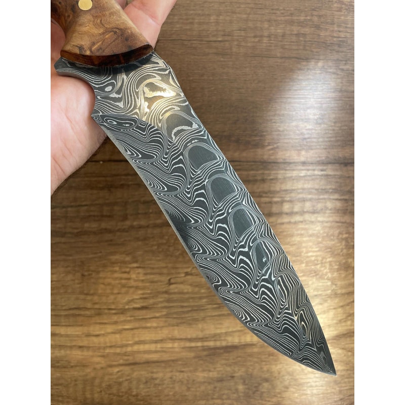Damascus Bushcraft Hunting Knife With Chestnut Wood Handle Leather Sheath 4