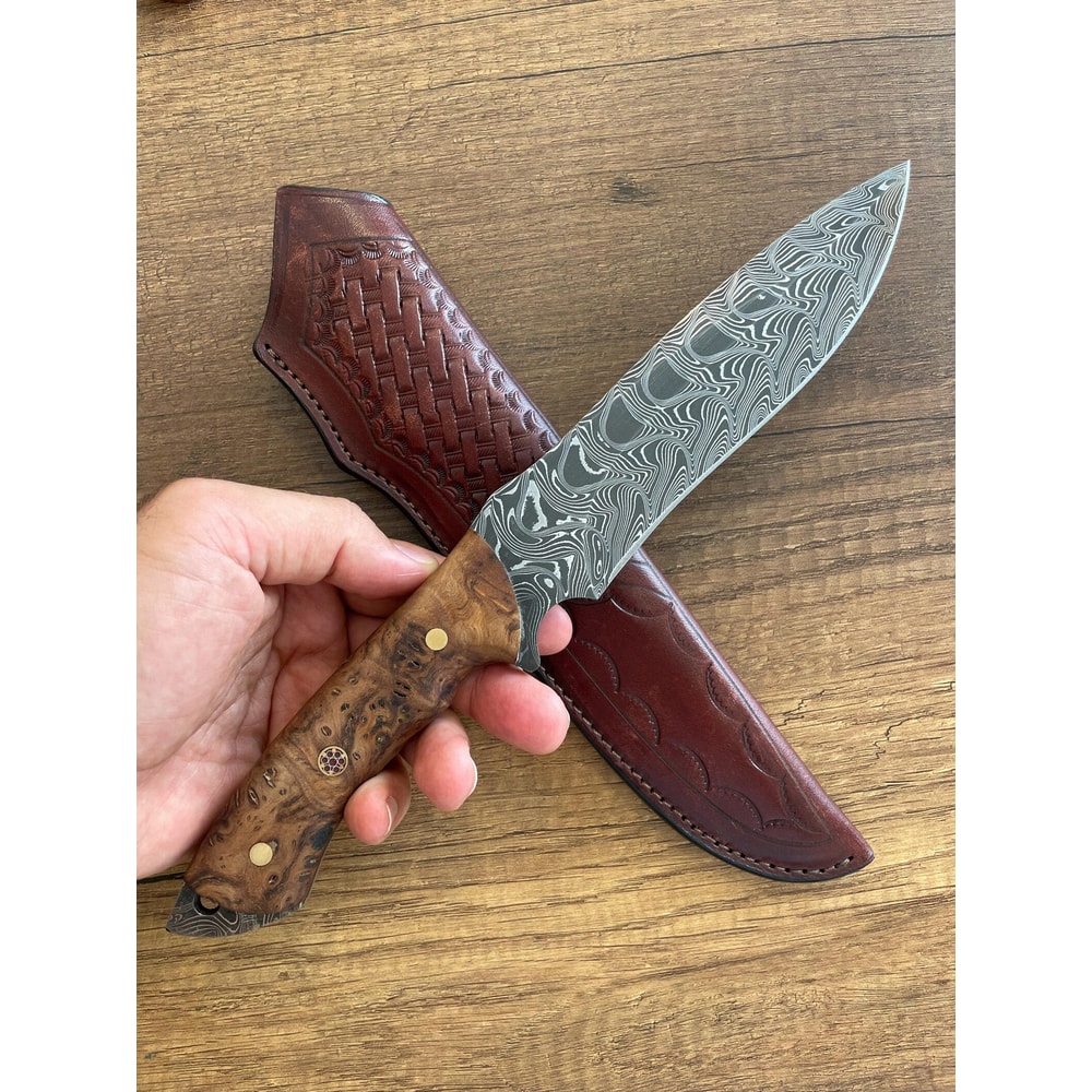 Damascus Bushcraft Hunting Knife With Chestnut Wood Handle Leather Sheath 7