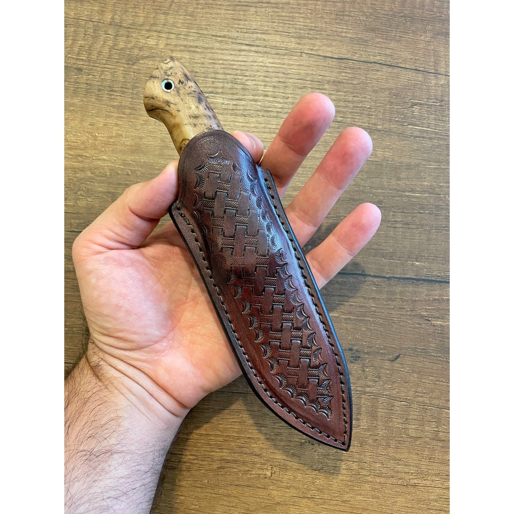 Damascus Hunting Camping Knife With Chestnut Wood Handle Leather Sheath 0