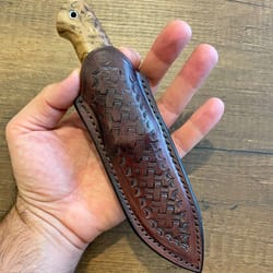 damascus hunting camping knife with chestnut wood handle & leather sheath
