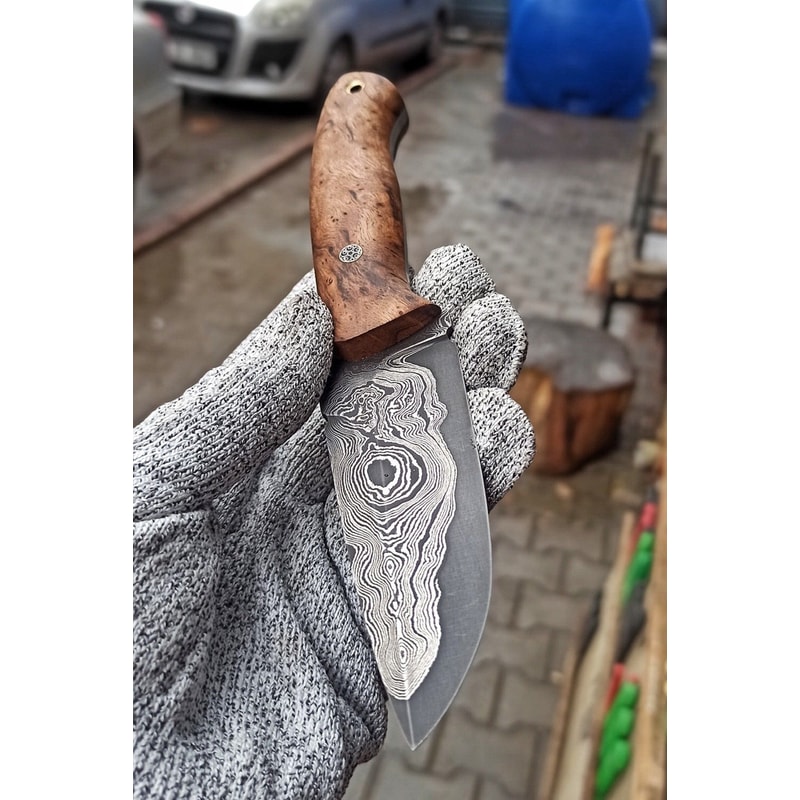 Damascus Hunting Camping Knife With Chestnut Wood Handle Leather Sheath 4