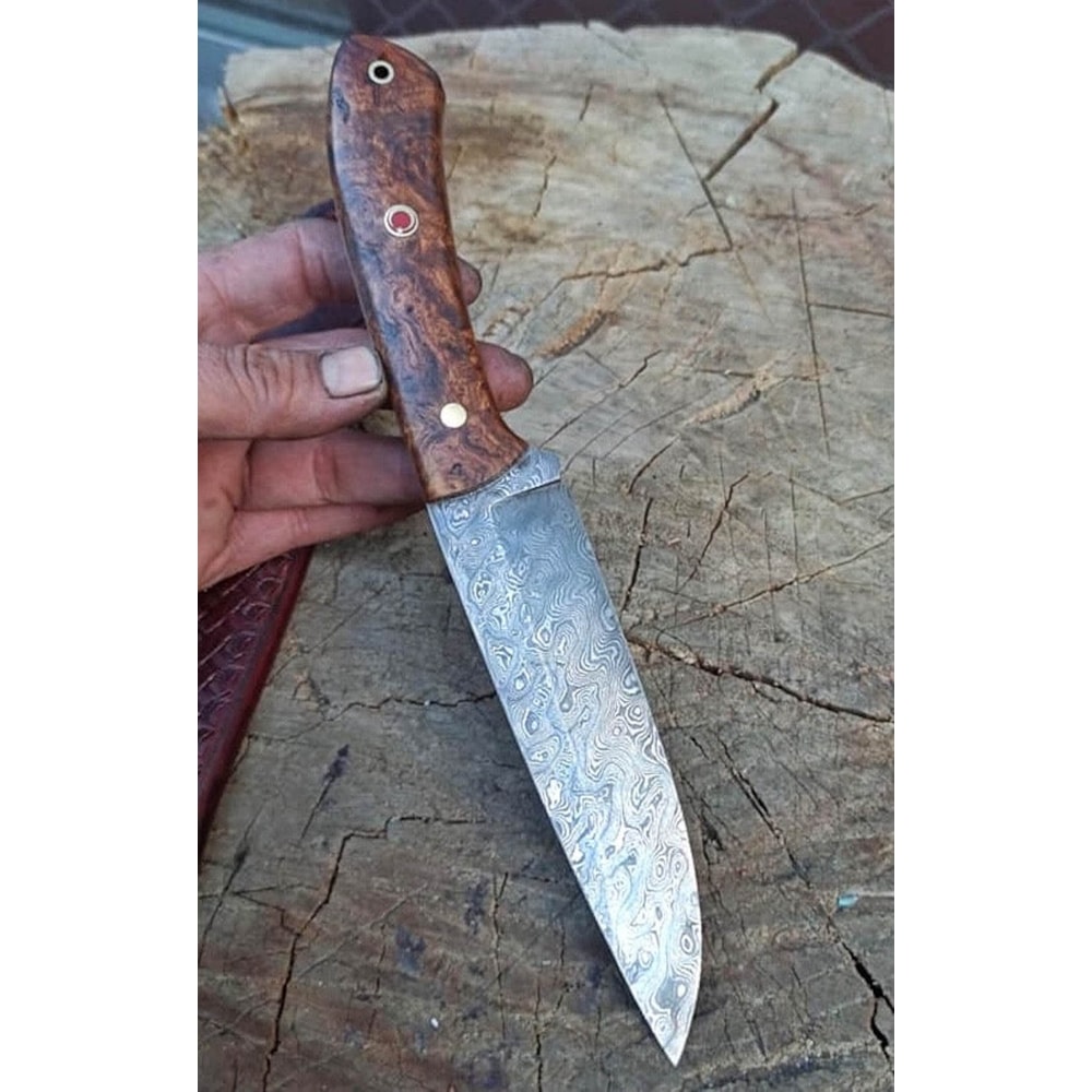 Handmade Damascus Outdoor Hunting Knife Chestnut Wood Handle Bushcraft Blade 4