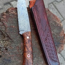 handmade damascus outdoor hunting knife – chestnut wood handle bushcraft blade
