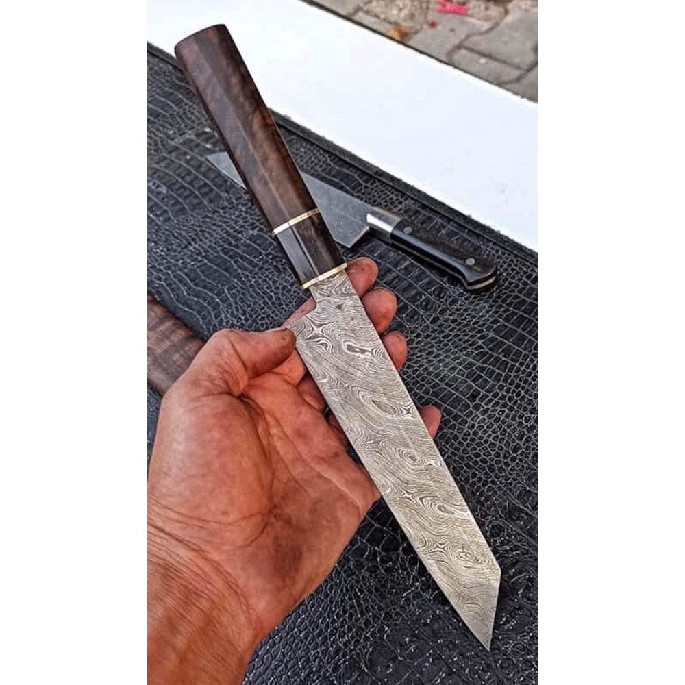 Real Damascus Chef Knife 150 Layers Blacksmith Made Kitchen Knife Walnut Cow Horn Handle 2