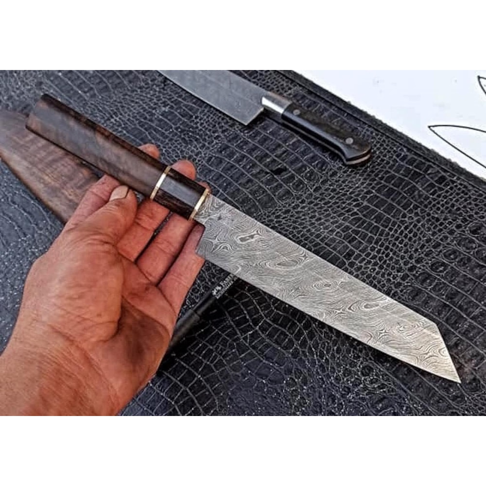 Real Damascus Chef Knife 150 Layers Blacksmith Made Kitchen Knife Walnut Cow Horn Handle 6