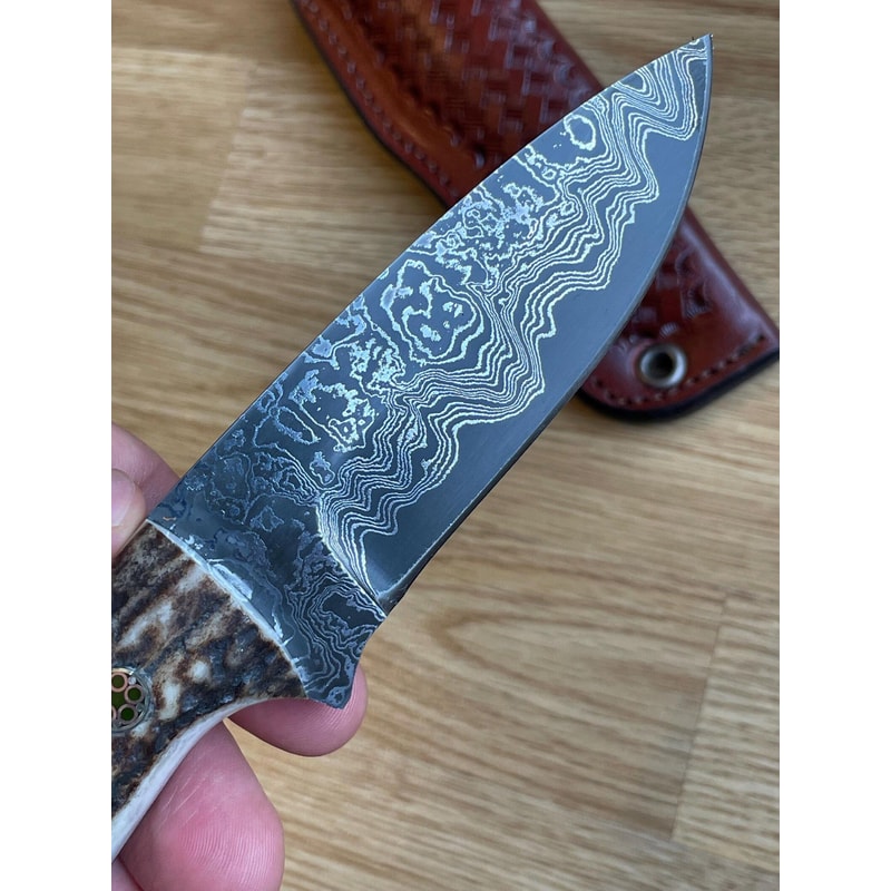 Handmade Damascus Bushcraft Knife Stag Horn Handle Outdoor Survival Blade 0