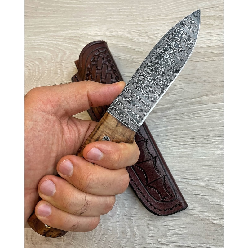 Real Damascus Bushcraft Knife 150 Layers Full Tang Side Draw Knife Chestnut Wood Handle 6