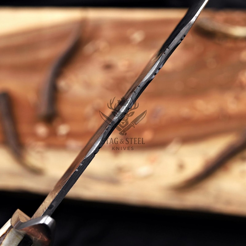 Premium Damascus Bowie Knife With Natural Antler Handle Leather Sheath 3