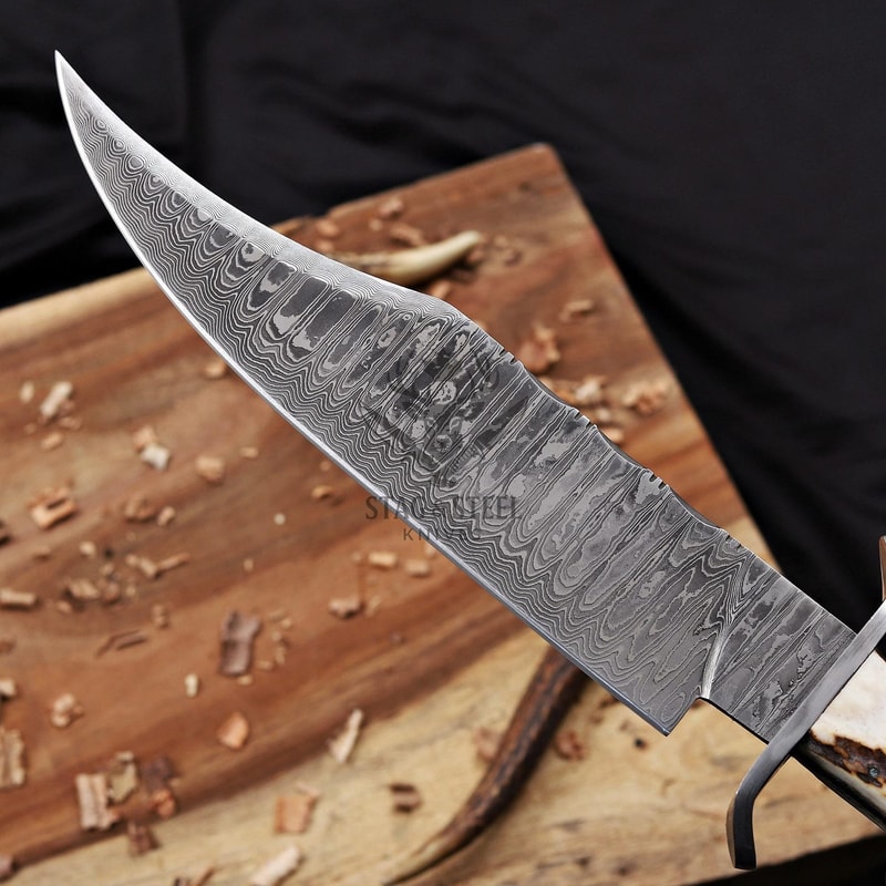 Premium Damascus Bowie Knife With Natural Antler Handle Leather Sheath 5