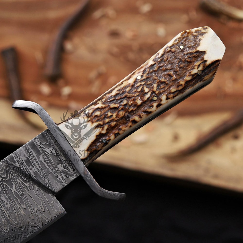 Premium Damascus Bowie Knife With Natural Antler Handle Leather Sheath 6