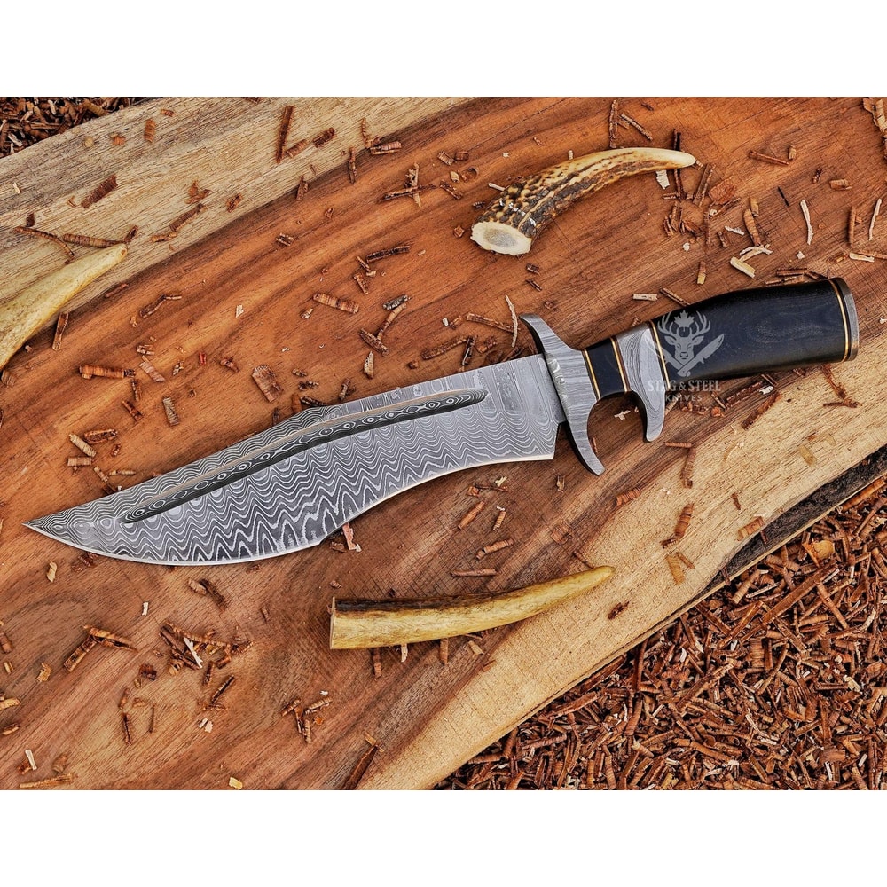 Premium Damascus Bowie Knife With Micarta Handle Leather Sheath 1