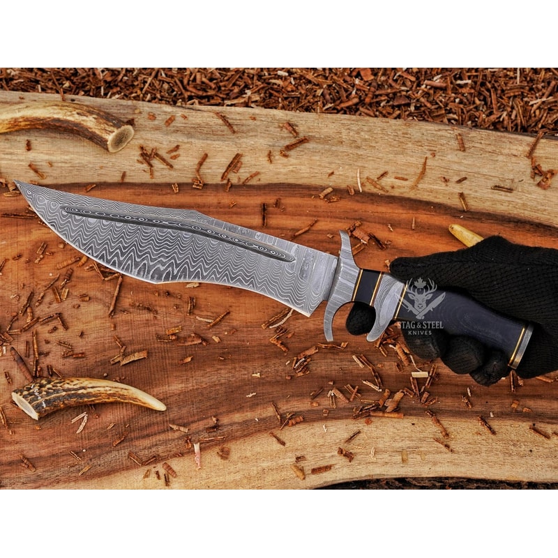 Premium Damascus Bowie Knife With Micarta Handle Leather Sheath 2