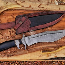 premium damascus bowie knife with micarta handle & leather sheath